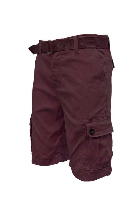 Weiv Mens Belted Cargo Shorts with Belt in brown fabric, showing side pockets and buckle closure.